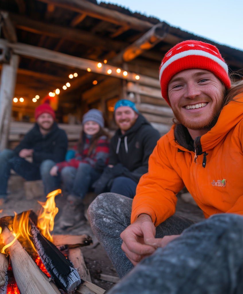 Friends enjoying a cozy campfire evening in front of a rustic cabin, with warm lights and winter attire creating a cheerful atmosphere.